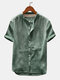 Mens Cotton Linen Breathable Vintage Short Sleeve Shirts - Green