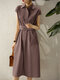 Solid Lapel Short Sleeve Casual Dress With Belt - Cameo