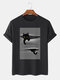 Mens Cute Cat Pinstripe Graphic 100% Cotton O-Neck Short Sleeve T-Shirts - Black