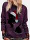 Christmas Cat Print Striped O-neck Long Sleeve Sweatshirt - Purple