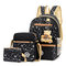 Four-piece Student Backpack Female Canvas Printing Large-capacity Backpack College High Junior High School Bag Multi-purpose - Black