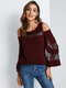 Solid Mesh Stitch Off-shoulder Long Sleeve Blouse - Wine Red