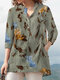 Plants Print Pocket Button Stand Collar 3/4 Sleeve Blouse - Gray