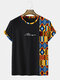 Camisetas masculinas de manga curta étnica com estampa geométrica patchwork - Preto