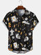 Mens Halloween Funny AllOver Skull Printing Relaxed Fit Short Sleeve Shirts - Black