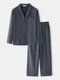 Men Plain Cotton Linen Shirts Lounge Co-ords Long Sleeve Loose Two Pieces Loungewear Sets - Gray