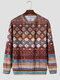Mens Vintage Ethnic Geometric Pattern Crew Neck Pullover Sweatshirts Winter - Brown