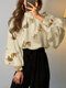Leopard Graphic Stand Collar Long Sleeve Elegant Blouse - Apricot