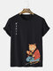 Mens Japanese Style Warrior Cat Print Crew Neck Short Sleeve T-Shirts - Black