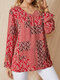 Bohenmia Print V-neck Long Sleeve Plus Size Casual Blouse for Women - Red