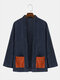Mens Contrast Double Pocket Open Front Corduroy Casual Loose Kimono - Blue