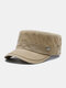 Men Washed Distressed Cotton Solid Letter Metal Label Outdoor Sunshade Casual Military Hat Flat Cap - Khaki