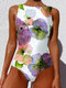 Women Abstract Flower Print One Piece Sleeveless High Neck Swimsuits - White