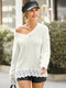 Solid Lace Patchwork Plush V-neck Sweater For Women - White