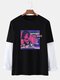 Mens Anime Letter Graphic Print Cotton Street 2 In 1 Long Sleeve T-Shirts - Black