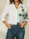Calico Print Lapel Long Sleeve Button Casual Shirt For Women - White
