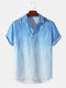 Mens Ombre Wave Striped Lapel Short Sleeve Holiday Shirt - Blue