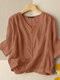 Blusa sólida de algodão manga 3/4 com botão frontal em V - laranja