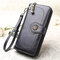 Women Trifold Oil Wax Leather Long Purse Solid Vintage Phone Bag 13 Card Holder Clutch Bag - Black