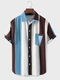 Mens Block Striped Chest Pocket Lapel Casual Short Sleeve Shirts - Wine Red