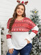 Plus Size Christmas Crew Neck Animal Patchwork Long Sleeves Tee - Red