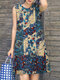 Vestido vintage sem mangas de algodão com estampa floral e gola redonda - azul