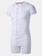 Men One Pieces Viscose Short Sleeve Top Jumpsuit Buttons Down Plain Union Pajamas - White
