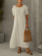 Vintage Solid Color O-neck Patchwork Casual Maxi Dress With Pocket - White