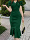 Damen Solid Revers Zweireiher Rüschensaum Puffärmel Kleid - Grün