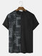 Mens Paisley Scarf Print Patchwork Corduroy Short Sleeve Henley Shirts - Black