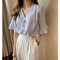 New Fashion V-neck Chiffon Shirt Female Loose Very Fairy Tops Short-sleeved Shirt Tide - Blue