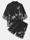 Mens Bamboo Japanese Print Kimono Loose Two Pieces Outfits - Black