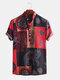 Men Cotton African Tribal Ethnic Totem Printed Henley Shirt - Red