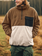 Mens Contrast Patchwork Half Zip Flap Pocket Fleece Pullover Sweatshirts - Brown