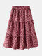 Floral Print A-line Elastic High Waist Stitch Skirt Women - Red
