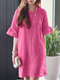 महिला सॉलिड क्रू नेक कॉटन रफ़ल स्लीव ड्रेस - गहरे गुलाबी