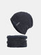 Men Knitted Plus Velvet Horizontal Vertical Striped Pattern Casual Outdoor Windproof Warmth Beanie Hat Scarf Set - Navy