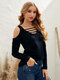 Solid Spaghetti Cut Out Long Sleeve Cold Shoulder T-shirt - Black