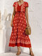 Summer Holiday Flower V-neck Button Drawstring Short Sleeve Bohemian Dress - Red