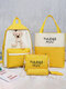 Women 4Pcs Bear School Student Pencil Case Backpack Tote Crossbody Bag - Yellow