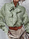 Floral Print Bowknot Collar Button Long Sleeve Women Blouse - Green