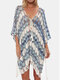Women Retro Stripes Printing Cover Ups Sun Protection Beachwear Crochet Front Bandage Side Slit Swimwear - Blue