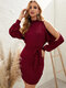 Solid Long Sleeve Half-collar Hollow Mini Dress - Wine Red
