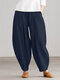 Women Solid Pleated Cotton Casual Elastic Waist Pants - Navy