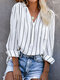 Loose V-neck Stripe Print Long Sleeve Blouse For Women - White
