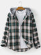 Mens Plaid Button Up Long Sleeve Relaxed Fit Drawstring Hooded Shirts - Green