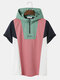 Mens Colorblock Stitching Half Zip Short Sleeve Hooded T-Shirts - Pink