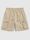 Mens Solid Flap Pocket Cotton Casual Drawstring Cargo Shorts - Khaki