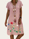 Vintage Print Short Sleeve V-neck Plus Size Dress - Pink