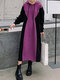 Contrast Color Patchwork Casual Long Sleeve Hoodie Dress - Purple